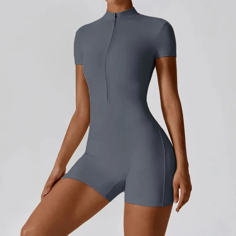 Women’s Short Sleeve Zip Fitness Tight One-Piece Jumpsuit
